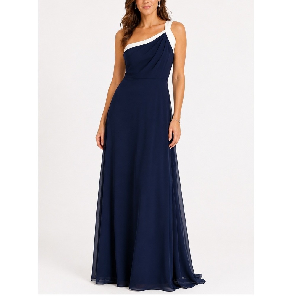 Social Bridesmaids 8178 Midnight Size 4 Navy Ivory One Shoulder Maxi Gown Dress